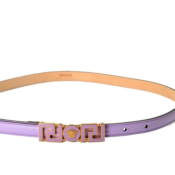 Versace Violet 100% Leather Medusa Head Logo Decorated Skinny Belt US 36 IT 90 - Picture 1 of 4